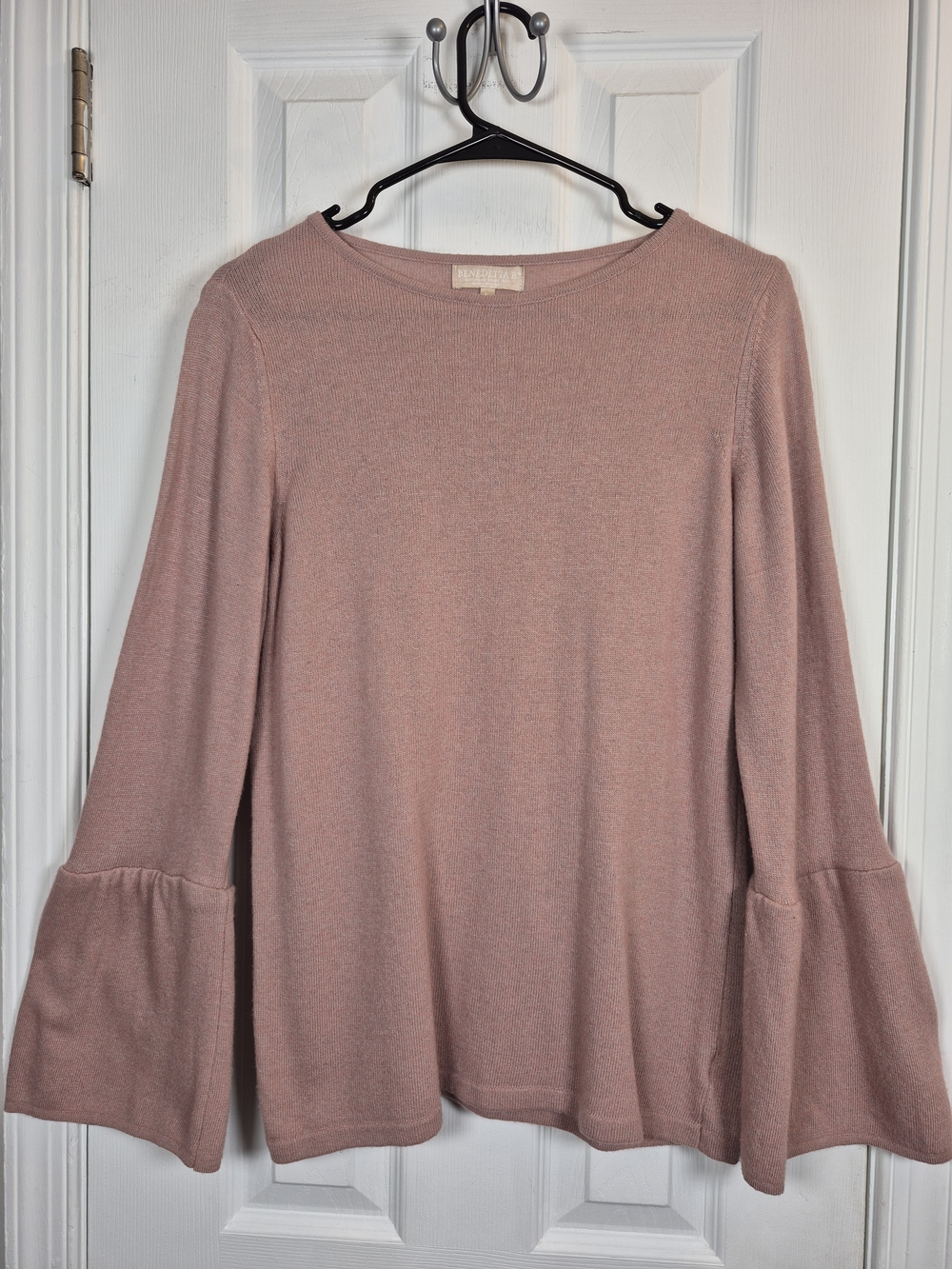 Benedetta B Merino Wool Cashmere Bell Sleeve Knit Sweater Pink Large